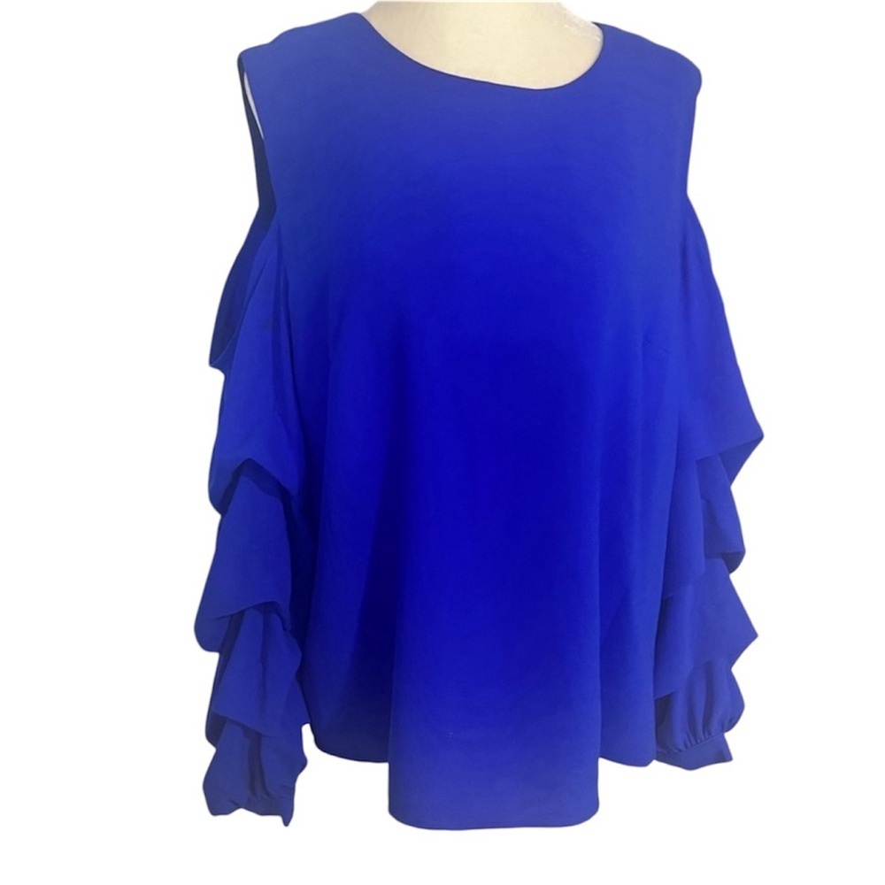 Stitch fix Truly Poppy open shoulder ruffle sleeve blue blouse.
